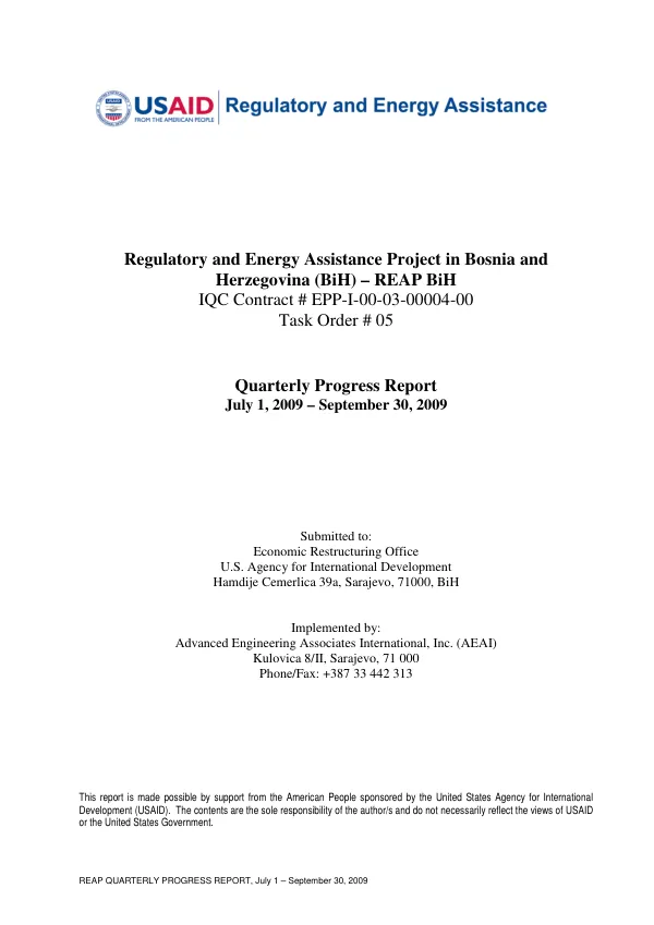 Regulatory and Energy Assistance Project in Bosnia and Herzegovina (BiH) – REAP BiH