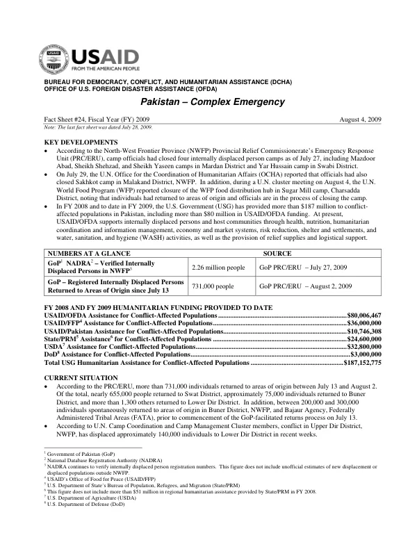 USAID-DCHA Pakistan Complex Emergency Fact Sheet #24 8/04/2009