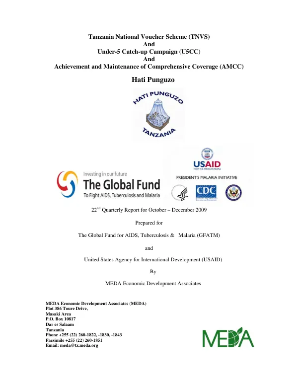 Tanzania Voucher Scheme–Hati Punguzo – Achievement and Maintenance of Comprehensive Coverage - 22nd Quarter Report, October – December, 2009