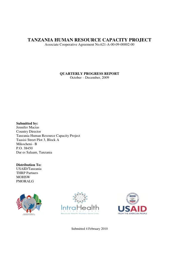 Tanzania Human Resource Capacity Project: Quarterly Progress Report October – December, 2009