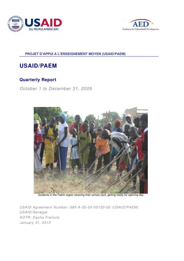PROJET D'APPUI A L'ENSEIGNEMENT MOYEN (USAID/PAEM) Quarterly Report October – December 2009