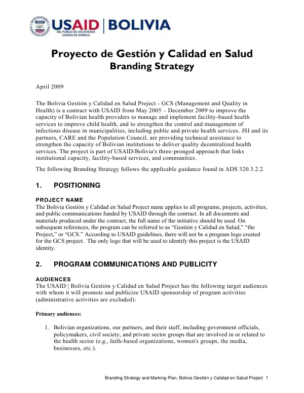 Branding Strategy and Marking Plan, Bolivia Gestión y Calidad en Salud Project