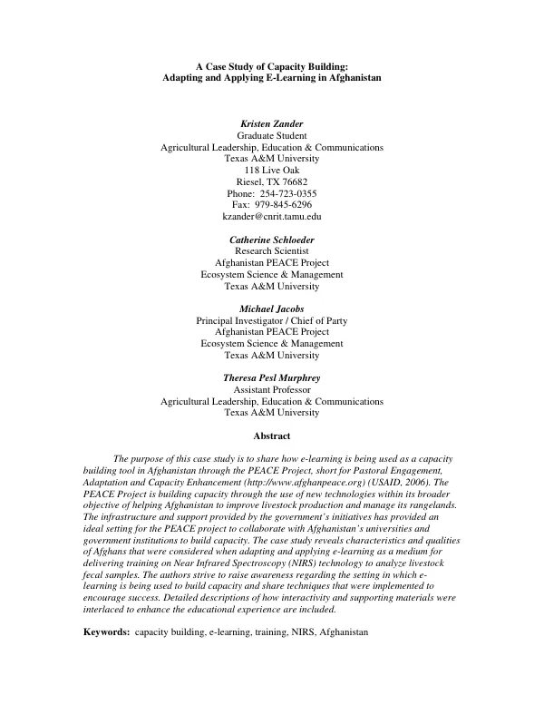 A Case Study of Capacity Building: Adapting and Applying E-Learning in Afghanistan