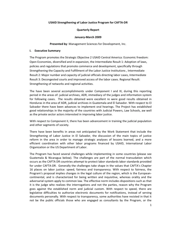 USAID Strengthening of Labor Justice Program for CAFTA-DR Quarterly Report January-March 2009