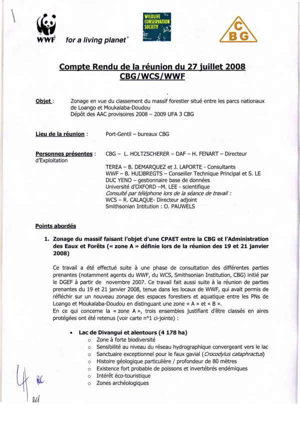 Compte rendu de la reunion du 27 juillet 2008 : CBG/WCS/WWF