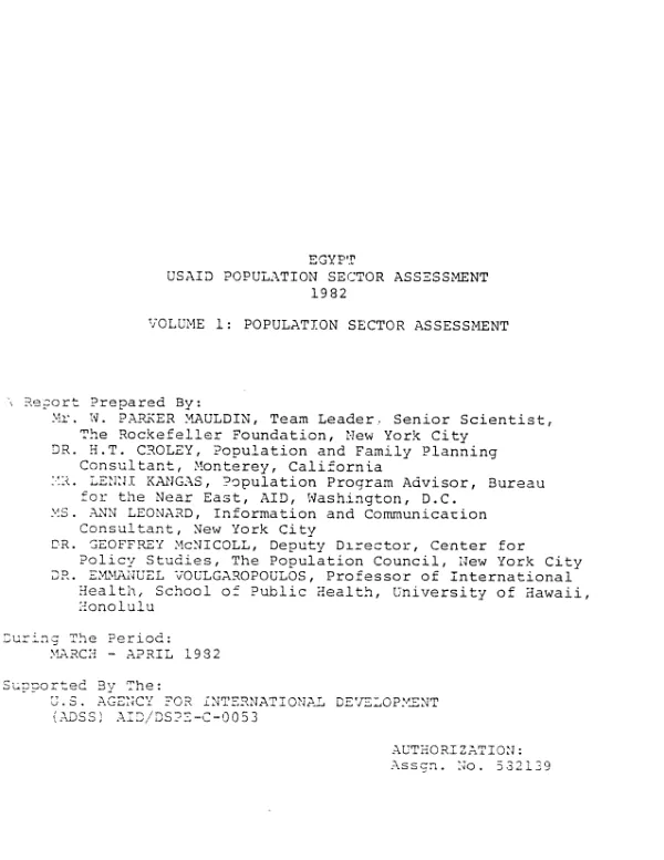 Egypt-USAID population sector assessment, 1982
