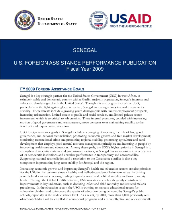 U.S. FOREIGN ASSISTANCE PERFORMANCE PUBLICATION FY 2009