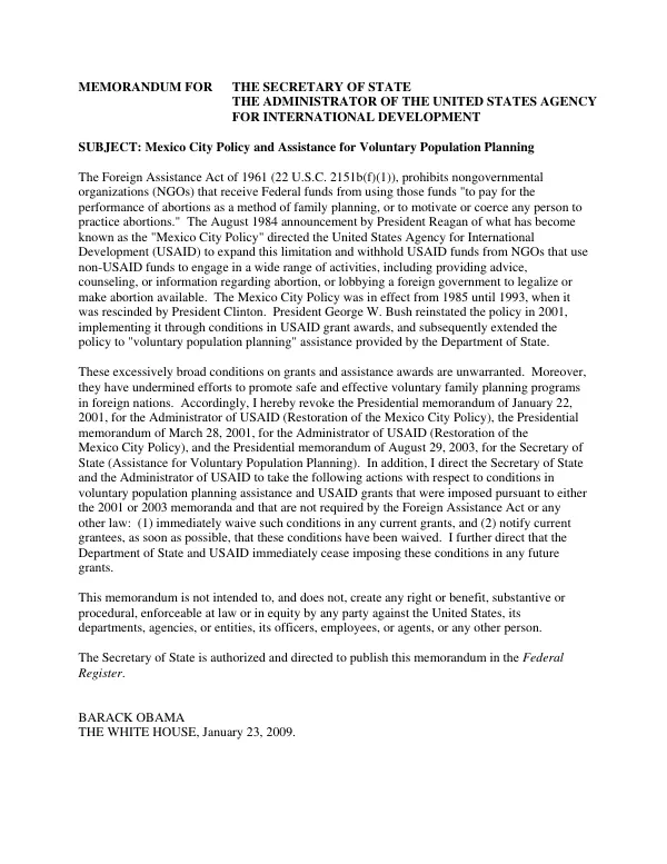 Rescission of the Mexico City Policy and Assistance for Voluntary Population Planning