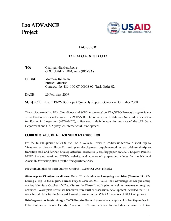 Lao BTA/WTO Project Quarterly Report: October – December 2008