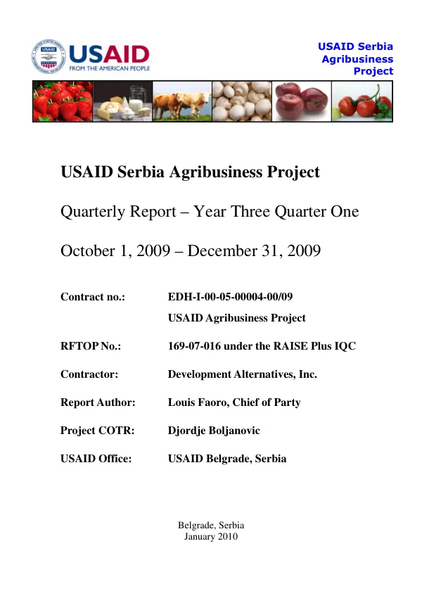Quarterly Report – Year Three Quarter One: USAID Serbia Agribusiness Project