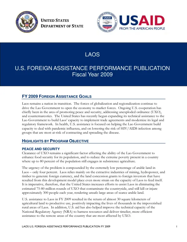 U.S. FOREIGN ASSISTANCE PERFORMANCE PUBLICATION FY 2009