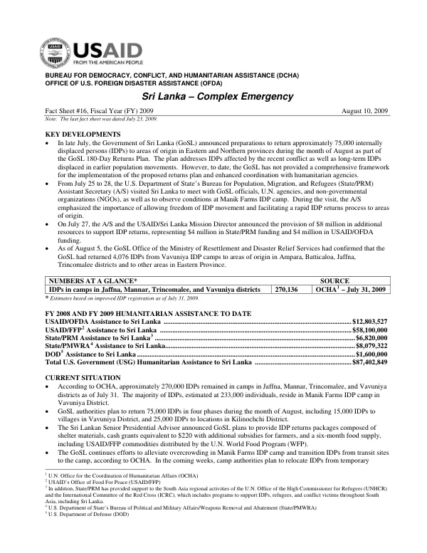 Sri Lanka Complex Emergency Fact Sheet #16, Fiscal Year (FY) 2009