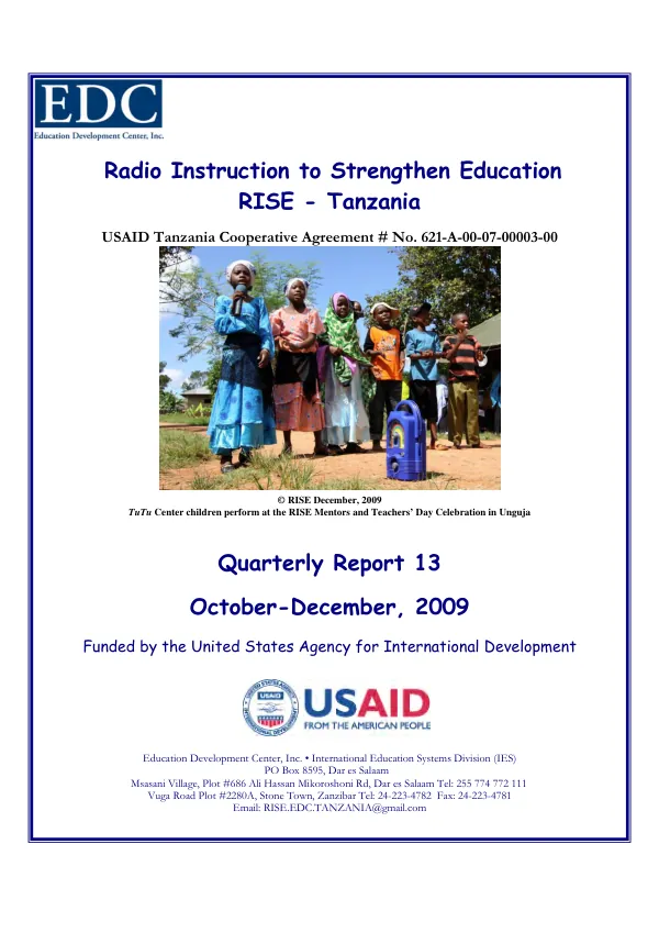 Quarterly Report 13: Radio Instruction to Strengthen Education in Tanzania
