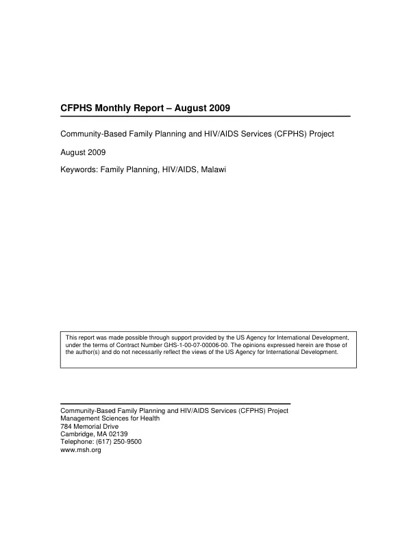 CFPHS Monthly Report – August 2009