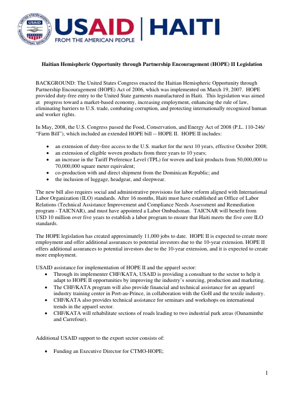 Haitian Hemispheric Opportunity through Partnership Encouragement (HOPE) II Legislation