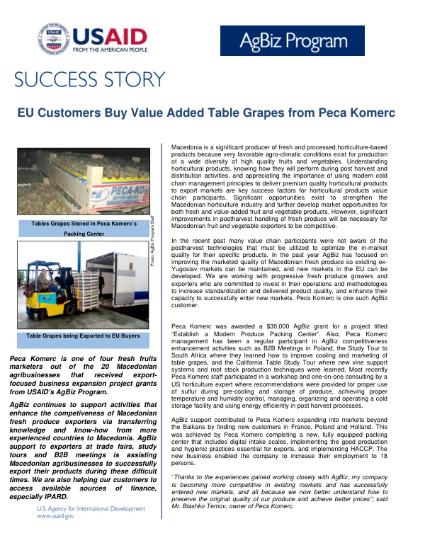 USAID AgBiz Program EU Customers Buy Value Added Table Grapes from Peca Komerc Success Story