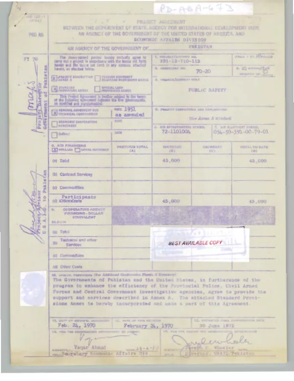 Project agreement between the Department of State, Agency for International Development (AID), an agency of the Government of the United States of America, and Economic Affairs Division, an agency of the Government of Pakistan : public safety, project/activity no. 391-12-710-113