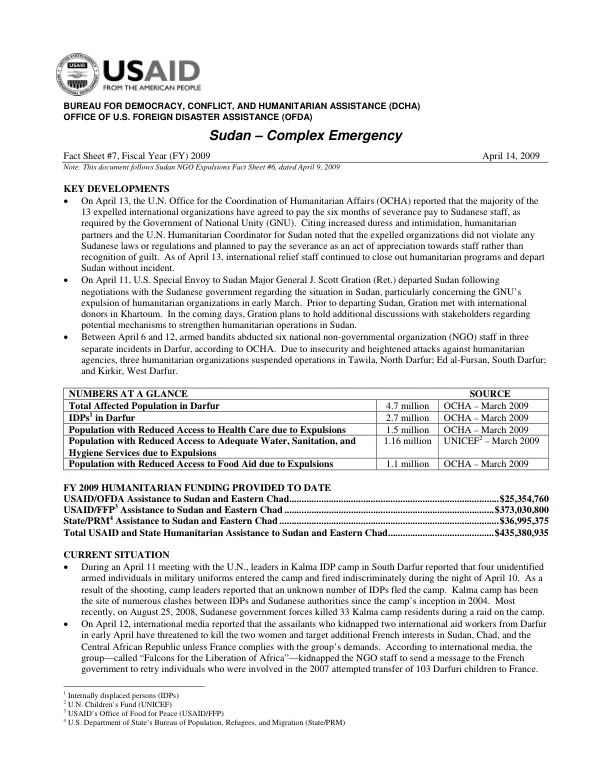 USAID-DCHA Sudan NGO Fact Sheet #7, Fiscal Year (FY) 2009