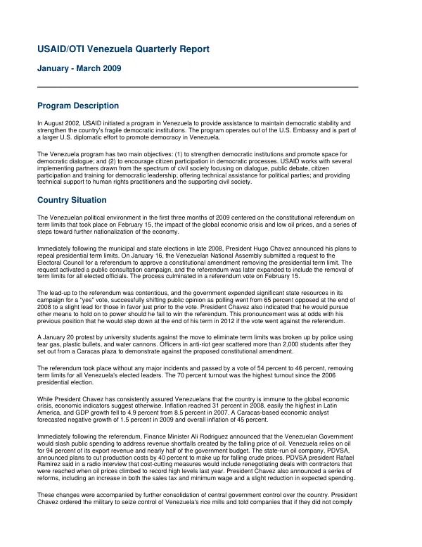 USAID/OTI Venezuela Quarterly Report January - March 2009
