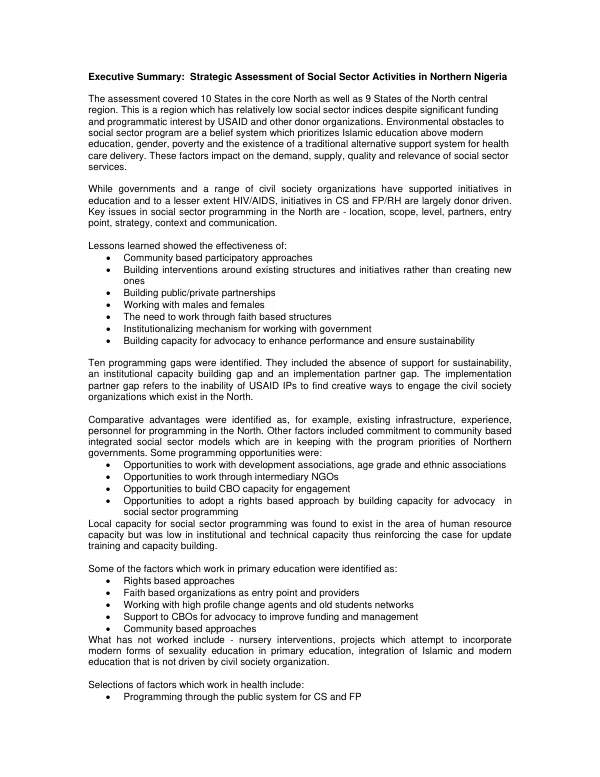 Strategic Assessment of Social Sector Activities in Northern Nigeria