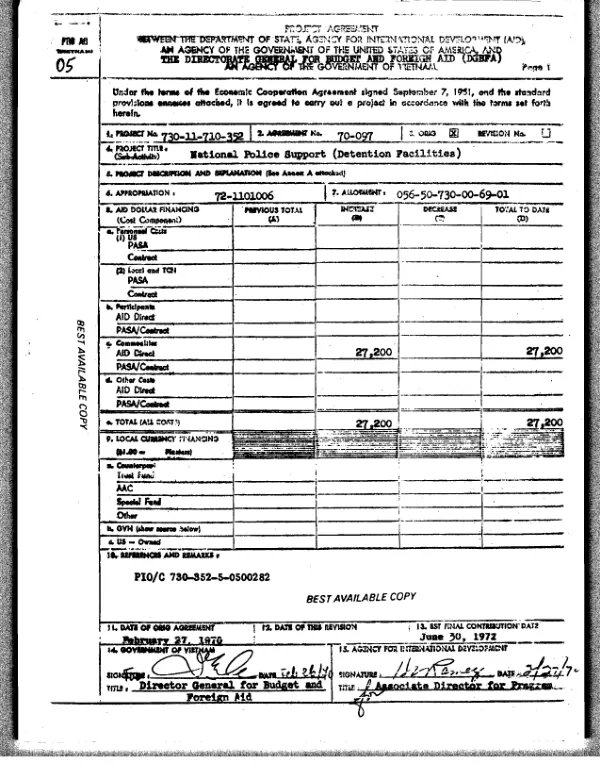 AID project agreement with Vietnam : national police support (detention facilities)