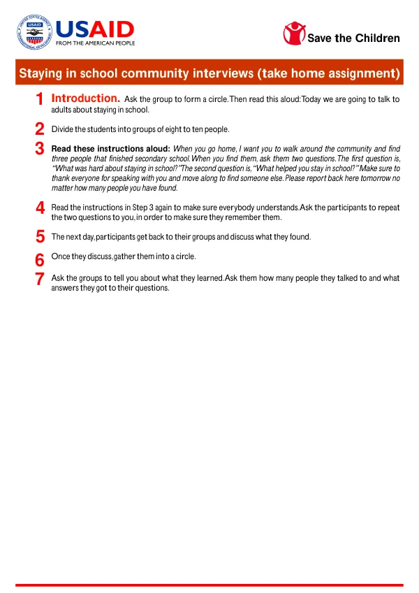 Staying in School Community Interviews (Take Home Assignment)