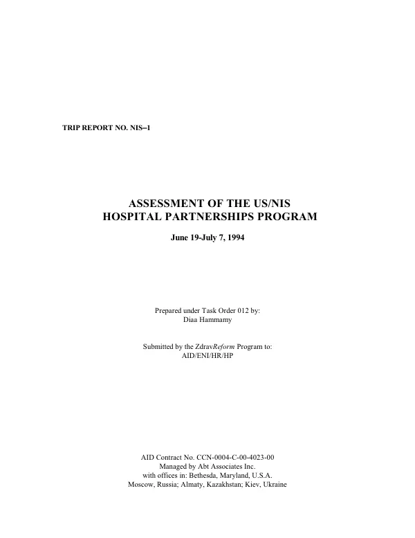 Assessment of the US/NIS [New Independent States] hospital partnerships program