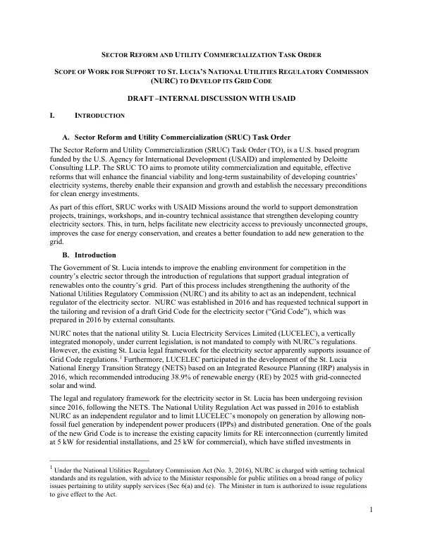 Sector Reform and Utility Commercialization Task Order: Support to St. Lucia’s National Utilities Regulatory Commission (NURC) to Develop Its Grid Code