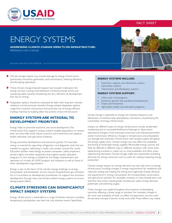 Addressing climate change impacts on infrastructure : preparing for change : energy systems