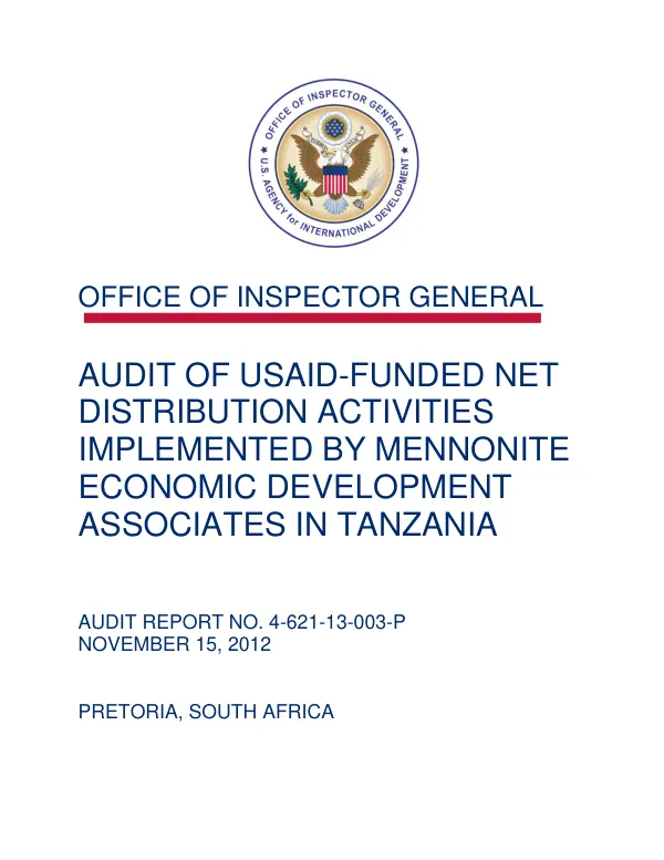 Audit of USAID-funded net distribution activities implemented by Mennonite Economic Development Associates in Tanzania