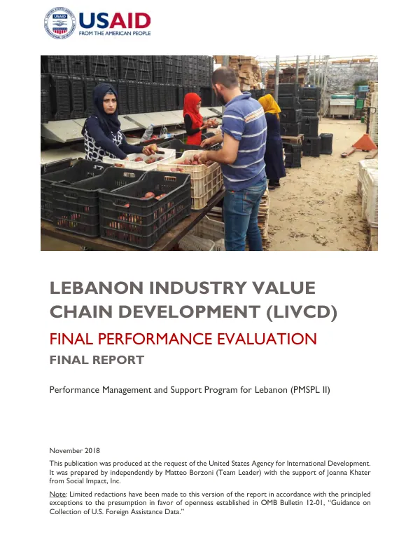 Lebanon industry value chain development (LIVCD) : final performance evaluation : performance management and support program for Lebanon (PMSPL II)
