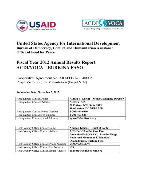 ACDI/VOCA Burkina Faso Fiscal Year 2012 annual results report, cooperative agreement no. AID-FFP-A-11-00005