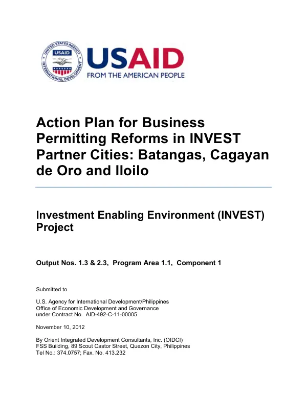 Action plan for business permitting reforms in INVEST partner cities : Batangas, Cagayan de Oro and Iloilo