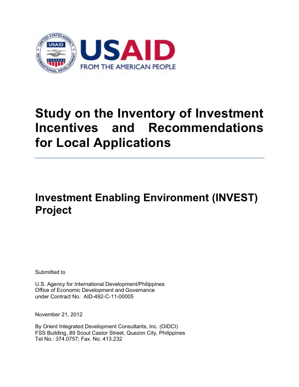 Study on the inventory of investment incentives and recommendations for local applications