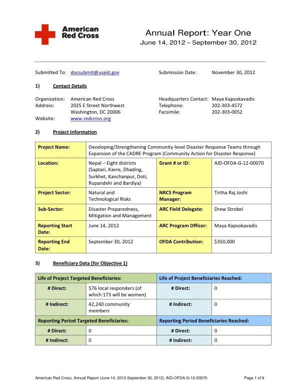 Developing/strengthening community level disaster response teams through expansion of the CADRE program (Community action for disaster response) : annual report : year one, June 14, 2012-September 30, 2012