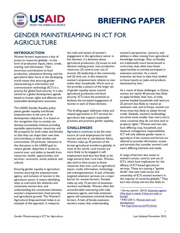 Gender mainstreaming in ICT for agriculture