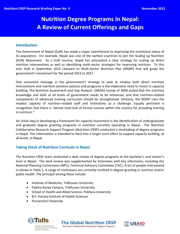 Nutrition Degree Programs in Nepal : A Review of Current Offerings and Gaps