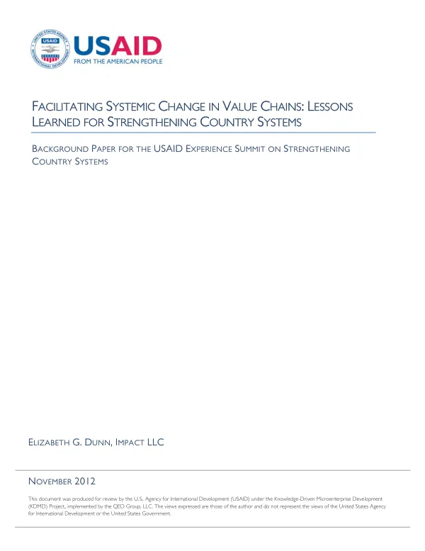 Facilitating systemic change in value chains : lessons learned for strengthening country systems