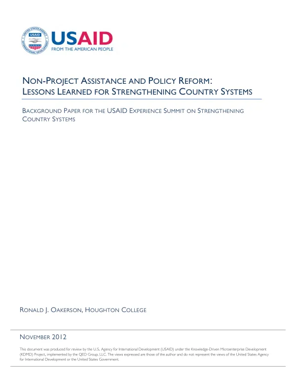 Non-project assistance and policy reform : lessons learned for strengthening country systems