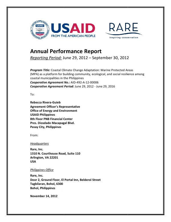 Annual performance report : reporting period, June 29, 2012-September 30, 2012 : coastal climate change adaptation : marine protected areas (MPA) as a platform for building community, ecological, and social resilience among coastal municipalities in the Philippines