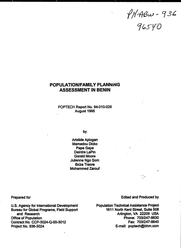 Population/family planning assessment in Benin
