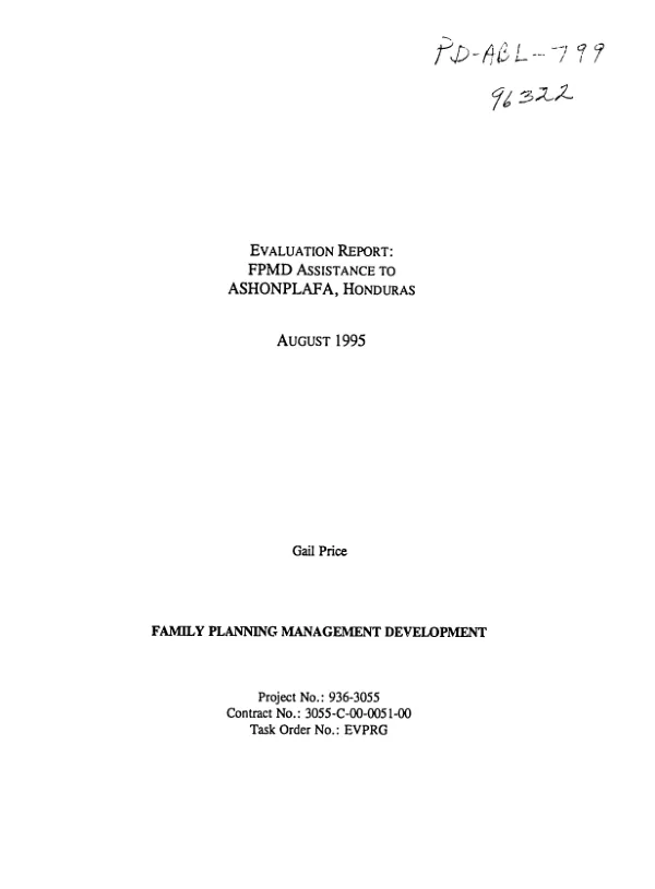 Evaluation report : FPMD [family planning management development] assistance to ASHONPLAFA [Asociacion Hondurena de Planificacion de Familia] Honduras