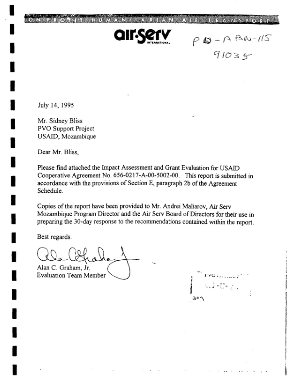 USAID-Air Serv cooperative agreement for Mozambique : agreement no. 656-0217-A-00-5002-00 -- impact assessment and evaluation