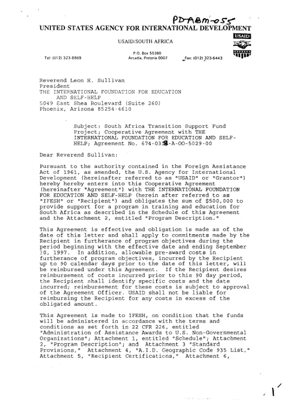 AID cooperative agreement with the International Foundation for Education and self-Help in support of a program in training and education for South Africa