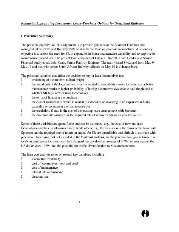 Financial appraisal of locomotive lease - purchase options for Swaziland Railways : final report