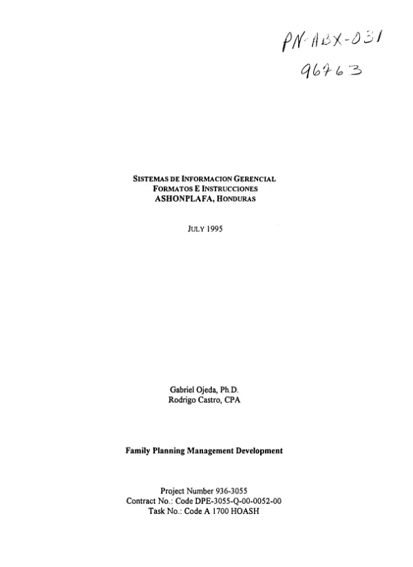 Sistemas de informacion gerencial : formatos e instrucciones, ASHONPLAFA [Asociacion Hondurena de Planifacacion de Familia], Honduras