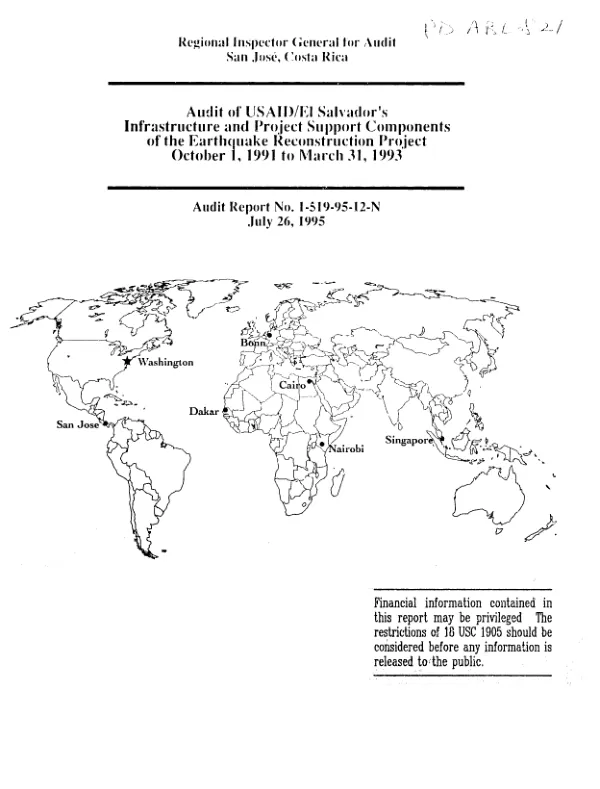Audit of USAID/El Salvador"s infrastructure and project support components of the earthquake reconstruction project, October 1, 1991 to March 31, 1993