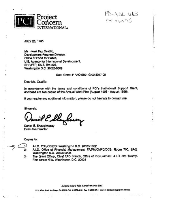 Institutional support grant no. FAO-0801-G-00-3017-00 of 8/19/1993 -- annual work plan : August 1995-August 1996