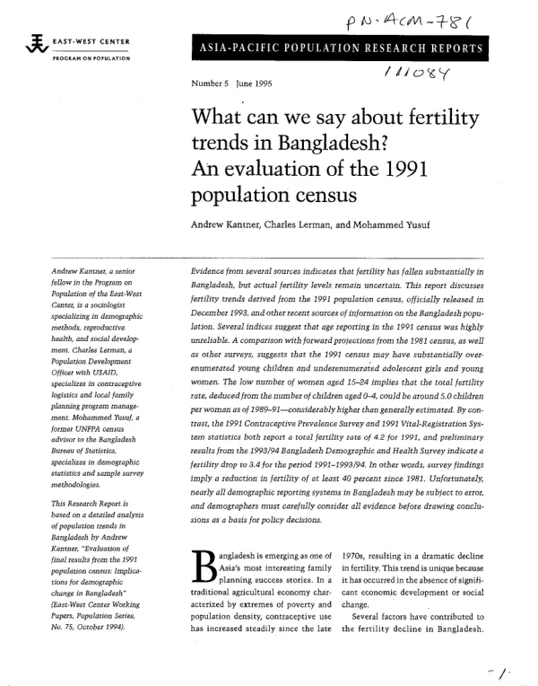 What can we say about fertility trends in Bangladesh? : an evaluation of the 1991 population census