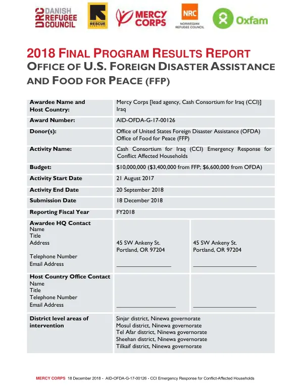 2018 final program results report office of u.s. foreign disaster assistance and Food for Peace (FFP) : [cash consortium for Iraq (CCI) emergency response for conflict affected households]
